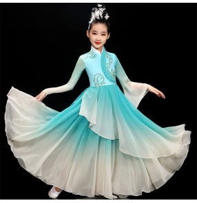 Children Girls turquoise gradient color chinese traditional classical dance costumes Fan umbrella dance dress fairy princess film cosplay hanfu yangko dance costume for Girl