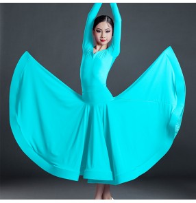 Children girls violet turquoise ballroom latin dance dresses competition long-sleeved split national ballroom standard dance clothes 