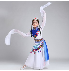 Children Girls waterfall Sleeves mongolian dance dresses Tibetan Performance Costume Ethnic Mongolia Dance Dresses Tibetan Dance Performance robes