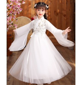 Children Girls white fairy dress Hanfu Chinese style ancient folk costume long-sleeved princess dress anime drama cosplay kimono dress birthday gift dress for kids