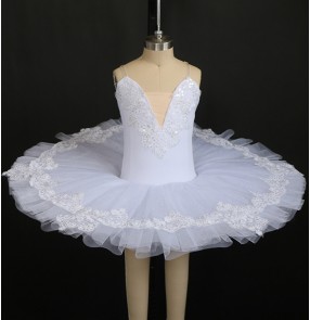 Children girls White flat tutu skirt ballet dance dresses little swan lake fluffy classical dance performance ballerina solo concert group performance costumes for girl