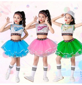 Children girls yellow green blue white sequined modern Jazz Dance Costume Hip-hop gogo dance dresses Cheerleading performance outfits for kids