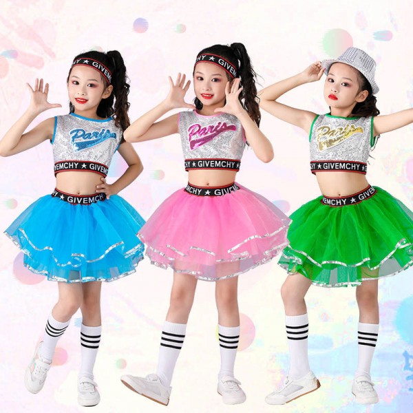 Children girls yellow green blue white sequined modern Jazz Dance Costume  Hip-hop gogo dance dresses Cheerleading performance outfits for kids