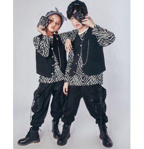 Children girls zebra prineted hip-hop Jazz street dance costumes boys girls drums hip-hop black vest concert gogo dancers rapper singers performance outfits 