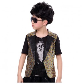 Children gold rainbow sequined jazz dance waistcoat host singers performance costume kids drums hip-hop singer boy catwalk dance performance vest