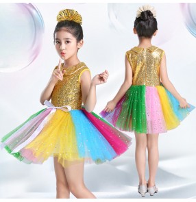 Children gold silver sequins princess dress stage performance choir host singers dress costumes for kids robe de princesse filles