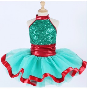 Children Green sequin with red  tutu skirts girls suspenders pettiskirt ballet dance dress jazz modern dance Stage costume