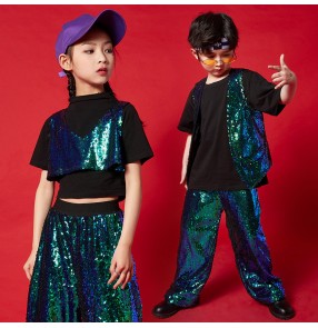 Children Green sequined jazz dance costumes kids gogo dancers rapper performance clothing Boys girls cool trendy modern dance outfits Children hip-hop street dance clothes