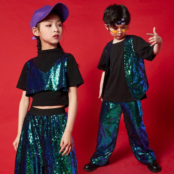 Girls Modern Jazz Dance Outfit Kids Sequined Hip Hop Street Performance  Costumes