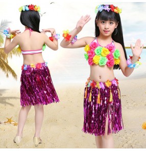 Children hula Hawaiian dance skirts outfits flower grass dresses beach stage performance girls party dance cosplay costumes