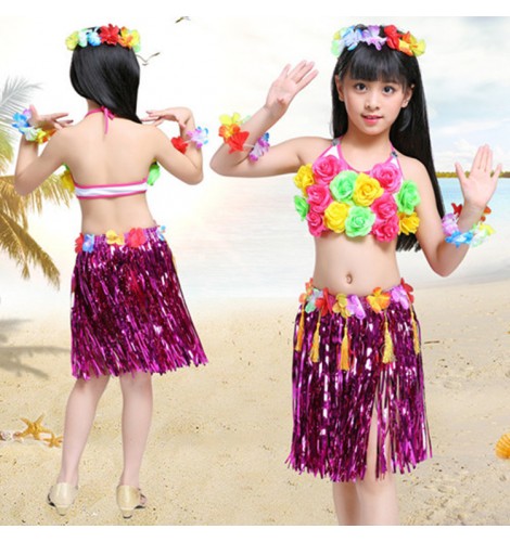 Children hula Hawaiian dance skirts outfits flower grass dresses beach ...