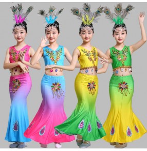 Children Indian Traditional dance Dress Sequins Belly Dance Costume Girls Peacock dance Kids Dai Fish Tail Girl Dance wears