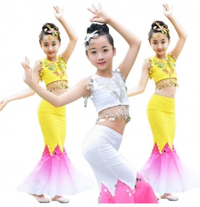 Children Indian Traditional dance Dress Sequins Belly Dance Costume Girls Peacock Kids Dai Fish Tail Leotard Girl Dance wears