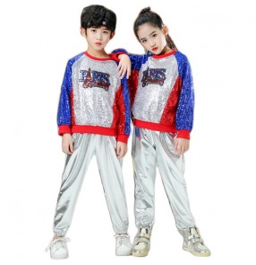 Children Jazz dance costumes boy girls royal blue with silver sequined hip-hop performance clothing kindergarten cheerleading rap dance sequins performance clothing 