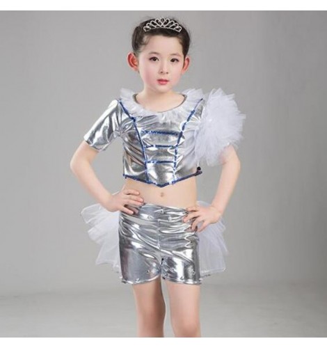 Children Jazz Dance Costumes Girls Silver Gold Paillette Glitter Show Hiphop Cheerleaders Stage Performance Outfits