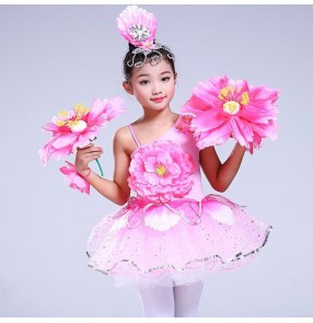 Children jazz dance dresses girls pink petals singers host chorus show stage performance cosplay dresses