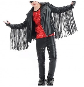 Children jazz dance street hip hop dancing outfits rivet fringes leather boys singers drummer gogo dancers studio performance jacket and pants