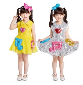 Children jazz singers host performance dresses costumes boys girls modern dance music note sequin princess dresses