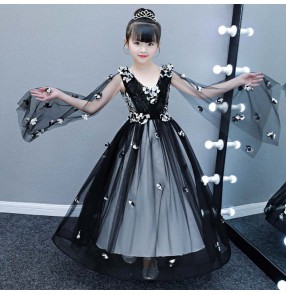 Children kids black lace piano host singers princess dresses birthday party model show performing dresses