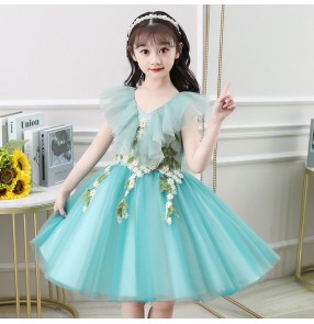 Children kids green princess dress flower girl wedding flower girls ball gown birthday prom party dress up host piano performance fairy dresses for baby