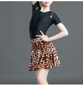 Children Kids leopard blue black Latin dance dresses for girls children Latin dance skirt short-sleeved modern dance costumes