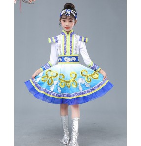 Children Kids Mongolian dance dresses girls chopsticks chinese folk dance horseshoe performance costumes blue Mongolian grassland dance clothes