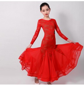 Children kids red black lace ballroom dancing dresses girls children competition stage performance waltz tango dance dresses