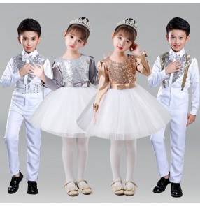 Children kids silver gold sequin Jazz dance costumes kindergarten model show school students choir princess dress boys recitation performance clothes for boy girls