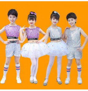 Children Kids silver purple sequins modern jazz dance costumes kindergarten cheerleader choir  dancer performance outfits tutu skirts
