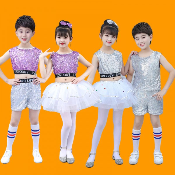 Children Kids silver purple sequins modern jazz dance costumes kindergarten cheerleader choir dancer performance outfits tutu skirts