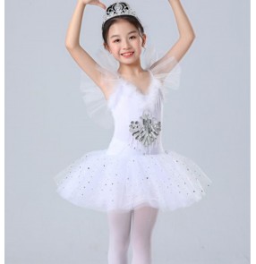 Children Kids toddlers white feather tutu leotard ballet dance dress little swan lake professional ballet dance outfits ballerina performance dresses for baby