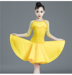 children kids Yellow colored latin dance dresses stage performance salsa rumba chacha dance dresses