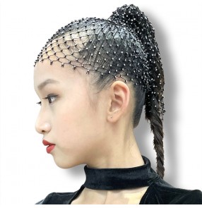 Children Latin ballroom competition dance invisible hair bling net headdress professional performance rhinestone bun hair veil for girls hair tail girl latin dance hair accessories