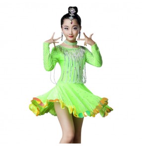 Children latin ballroom dancing dresses beads rhinestones long sleeves competition professional cosplay skirt dress