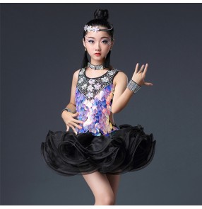 Children latin competition dresses for girls black pink white professional bling rhinestones professional rumba samba salsa dance dress skirts