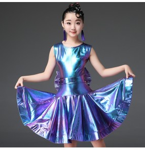 Children latin dance dresses girls kids laser with big bow stage performance modern dance rumba salsa chacha latin dance skirts 