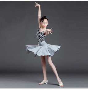 Children Latin dance dresses girls sleeveless silver leopard print sling split suit latin dance Performance clothing for kids 