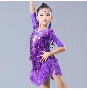 Children latin dance dresses paillette tassels modern dance competition stage performance rumba salsa chacha dancing cosutmes