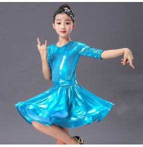 Children latin dance dresses short sleeves blue pink glitter salsa chacha dance dress costumes for kids