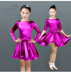 Children latin dance dresses stretchable satin long sleeves girls modern dance chacha salsa rumba stage performance samba dance skirts