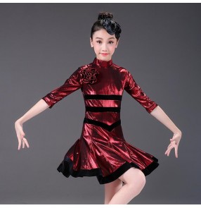 Children latin dance dresses Vestido latino de chicas wine violet  competition ballroom salsa chacha dancing costumes