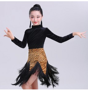 Children latin dancing dresses velvet leopard stage performance rumba samba chacha dancing costumes dancewear clothes