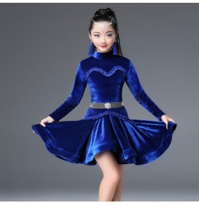 Children latin dresses velvet long sleeves royal blue pink black  stage performance salsa rumba chacha dance costumes dress