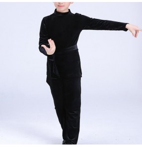 Children latin shirts and pants velvet long sleeves black color for boys ballroom competition stage performance professional tango waltz dance tops and trousers sets