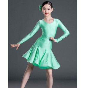Children mint turquoise ballroom latin dance dresses girls long-sleeved round neck professional ballroom dance dress for kids 