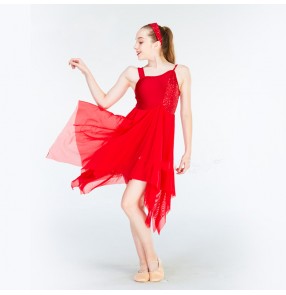 Children modern dance ballet sling chiffon dresses for girls red color Latin ballet sequined modern dance skirt modern dance stage costume