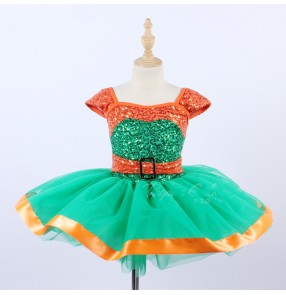 Children orange with green sequined ballet dance dresses modern dance tutu skirts girls ballet dance costumes