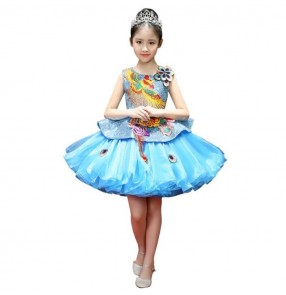 Children phoenix singer host stage performance blue colored modern dance dresses stage performance chorus solo cosplay princess flower girls dresses