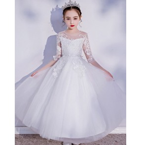 Children piano performance dress solo princess dress flower girls white lace dresses catwalk pettiskirt Flower girl wedding host costume birthday gift dress