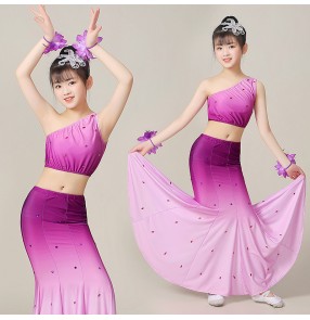 Children pink purple gradient Chinese folk dance Dai minority peacock Performance Costume Peacock Dance dress for girls Art Test Costume Girls Dai thailand Training Skirt